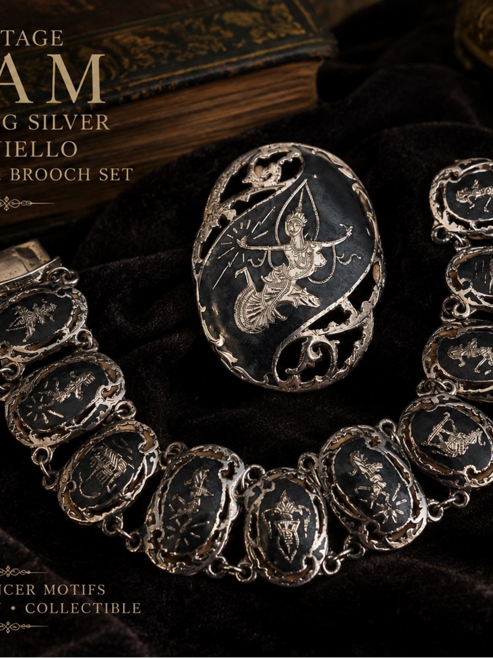 Vintage Siam Sterling Silver Niello Bracelet & Brooch Set
